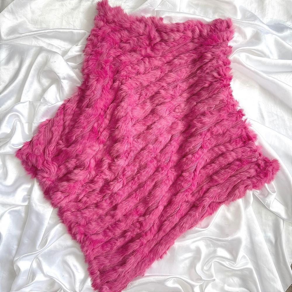 Jennyfer J Hot Pink Genuine Rabbit Fur Poncho Asymmetrical Knit One Size